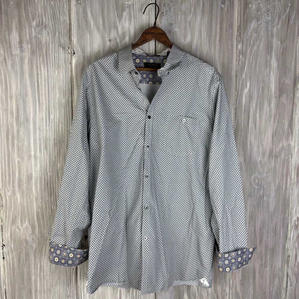 Ted Baker London Dress Shirt Mens 5 XL  Flip Cuff Button Up White Blue Geometric